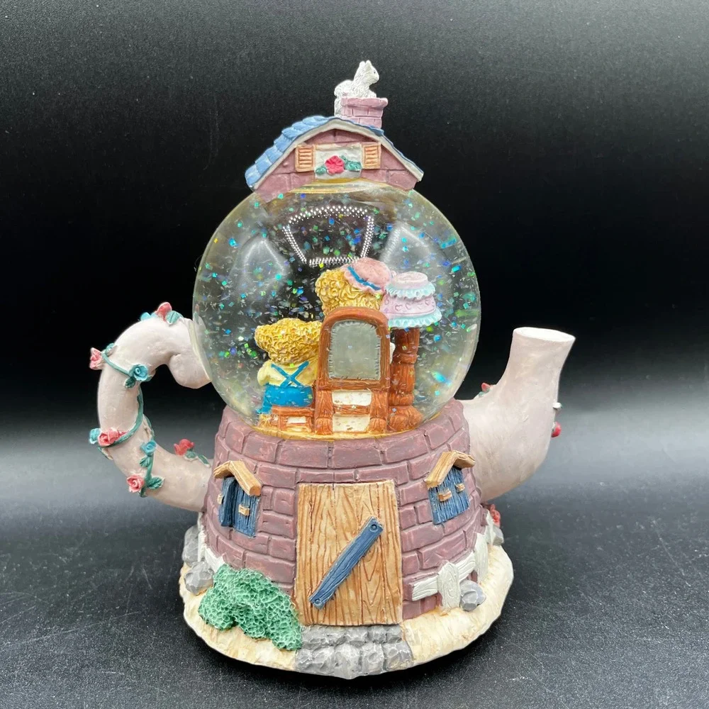Vtg Resin Musical Teddy Bear Tea Party Teapot Snow Globe Music Box 6